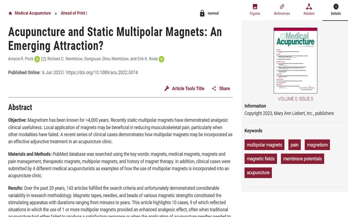 medical acupuncture journal static multipolar magnets study